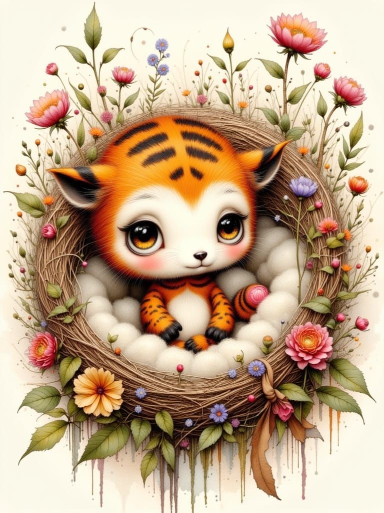 Whimsical Fluffy Creature in a Floral Nest