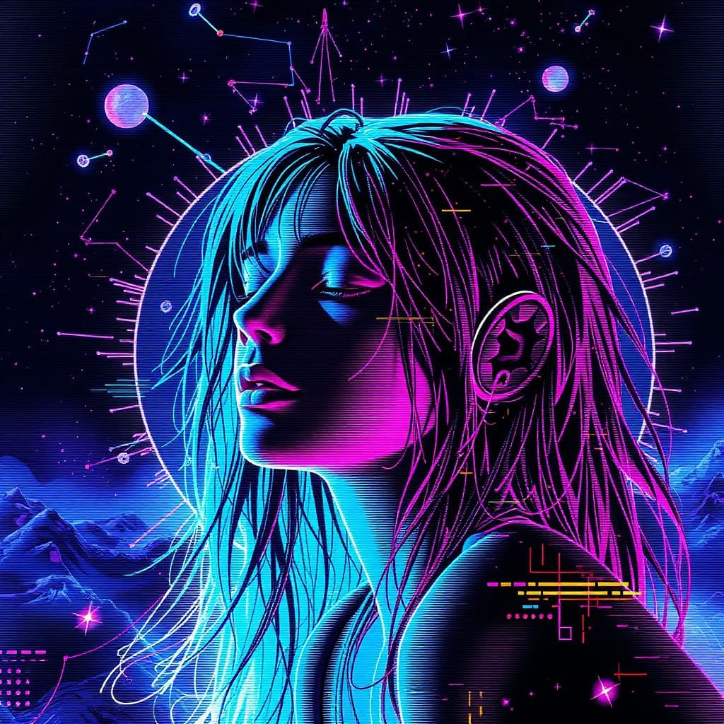 Abstract Indigo Glitch with Constellation Elements