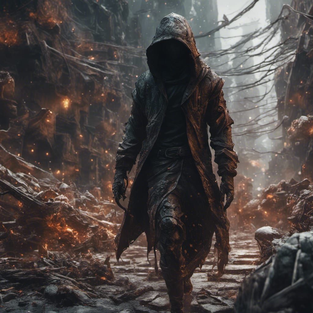 Hooded Figure in Chaotic Scene: Fantasy Concept Art