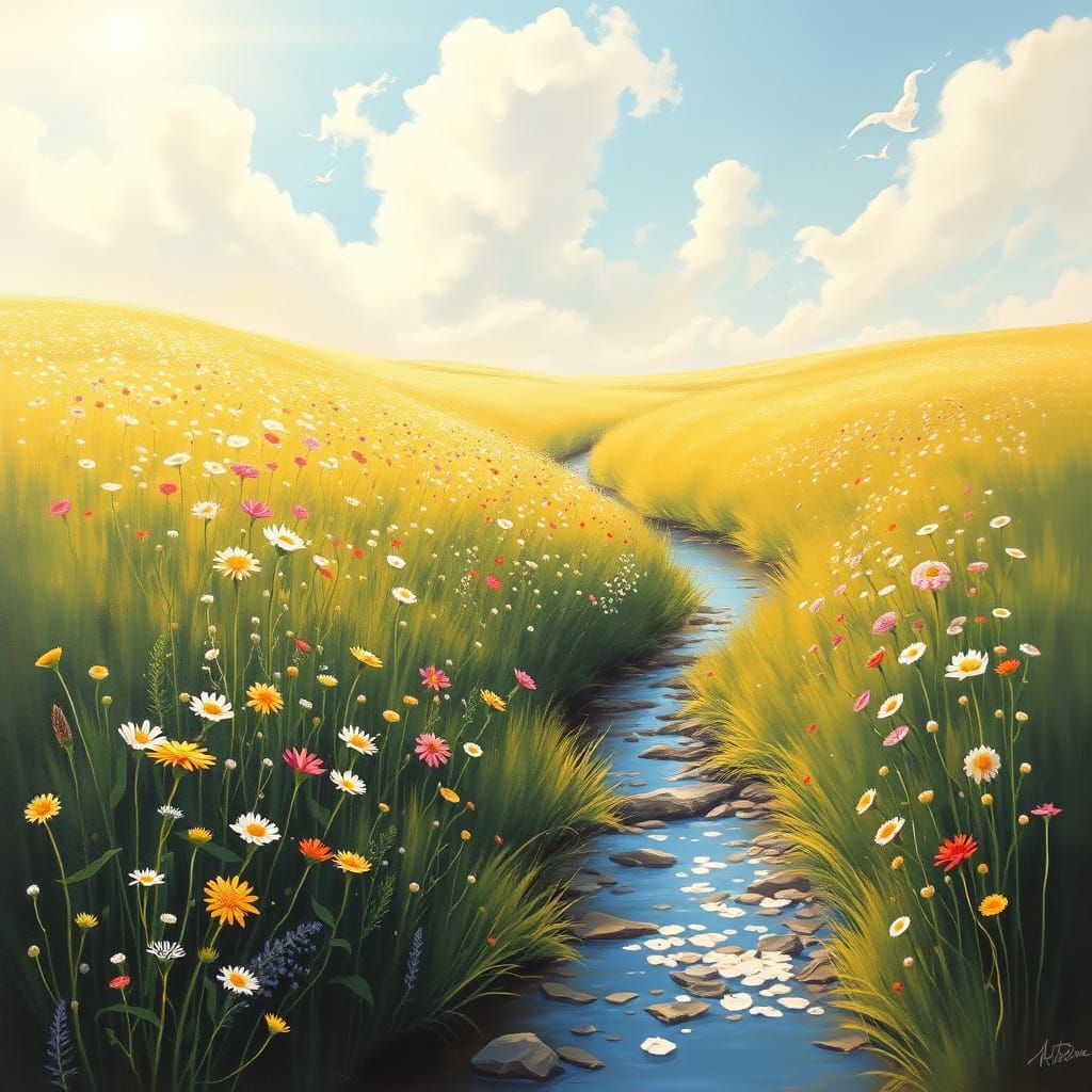 Tranquil Meadow with Stream: Impressionistic Landscape