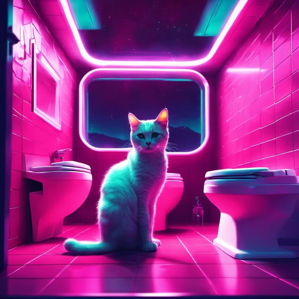 Synthwave Toilets in Space with Glowing Cats