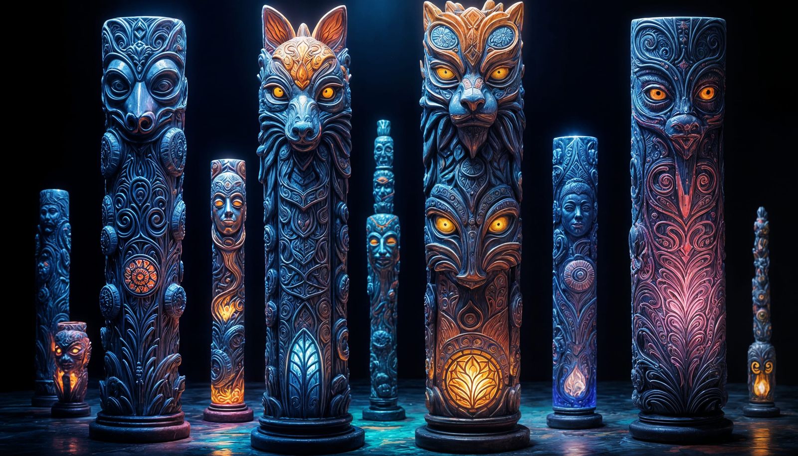 Colorful Glass Totem Poles with Strange Carvings
