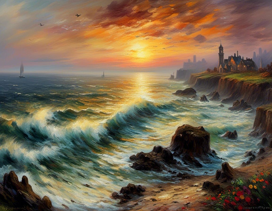 Coastal Sunset in Impressionist Style