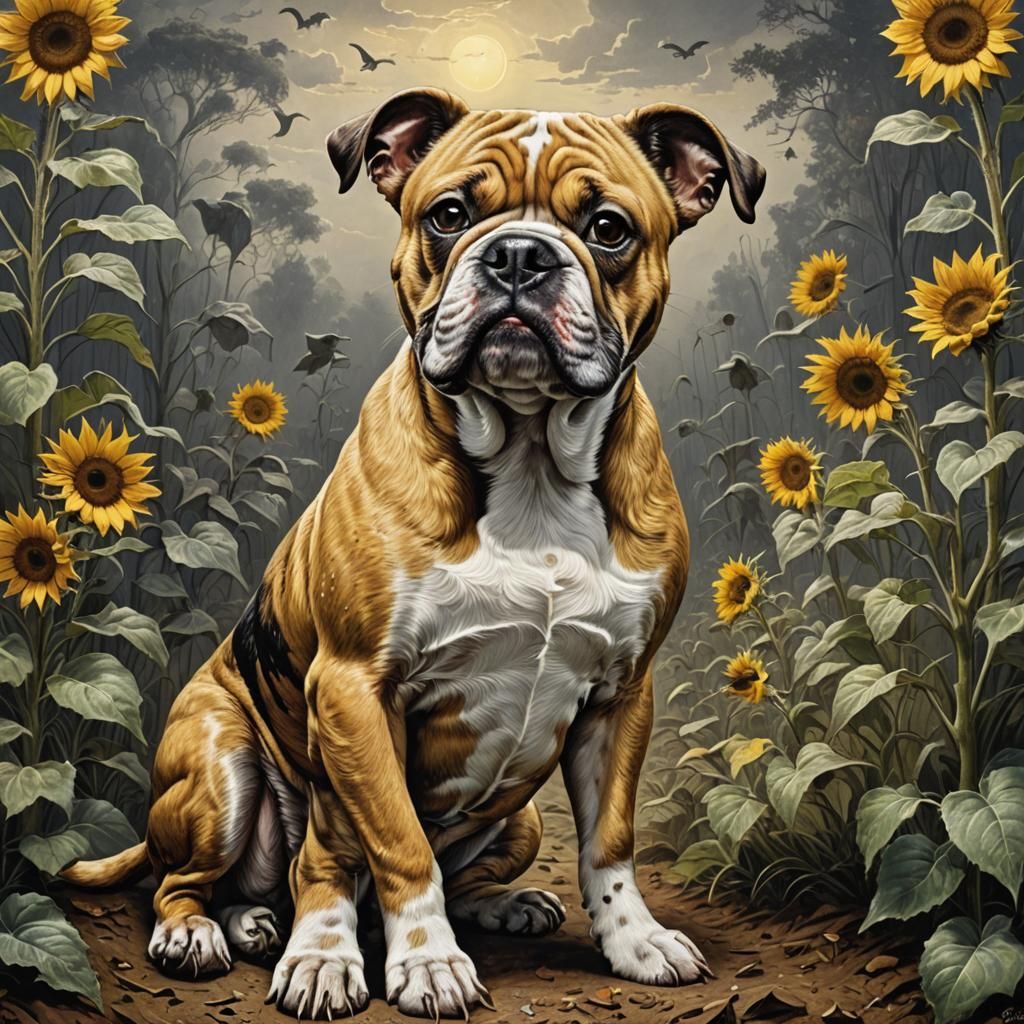 Aussie Bulldog with Sunflower in Horror Style