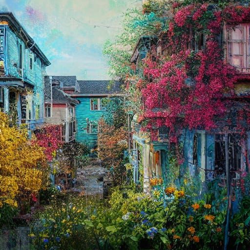 Dilapidated House in Vibrant Summer Garden: Impressionist St...