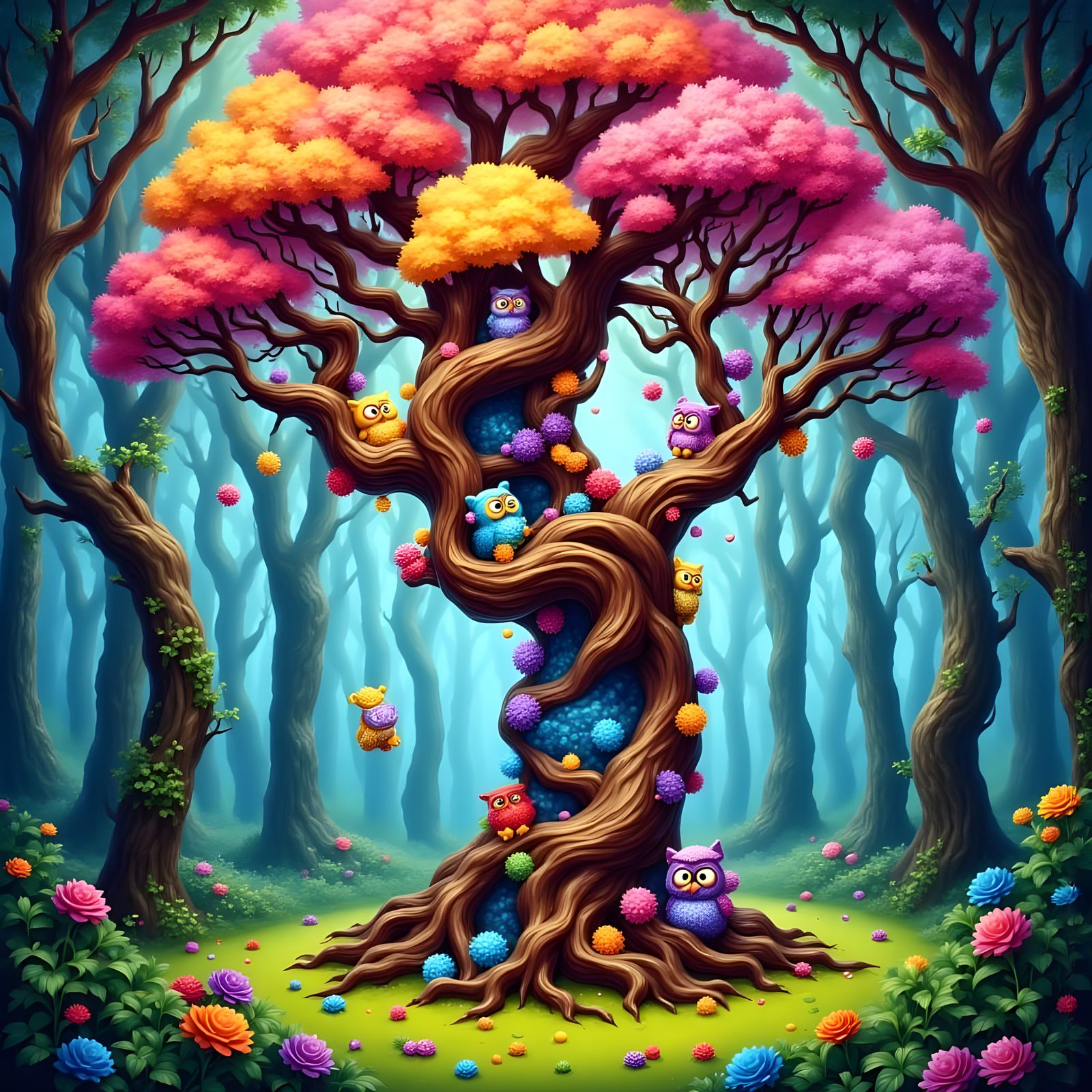 Whimsical Tootsie Pop Tree in Vibrant Forest Scene