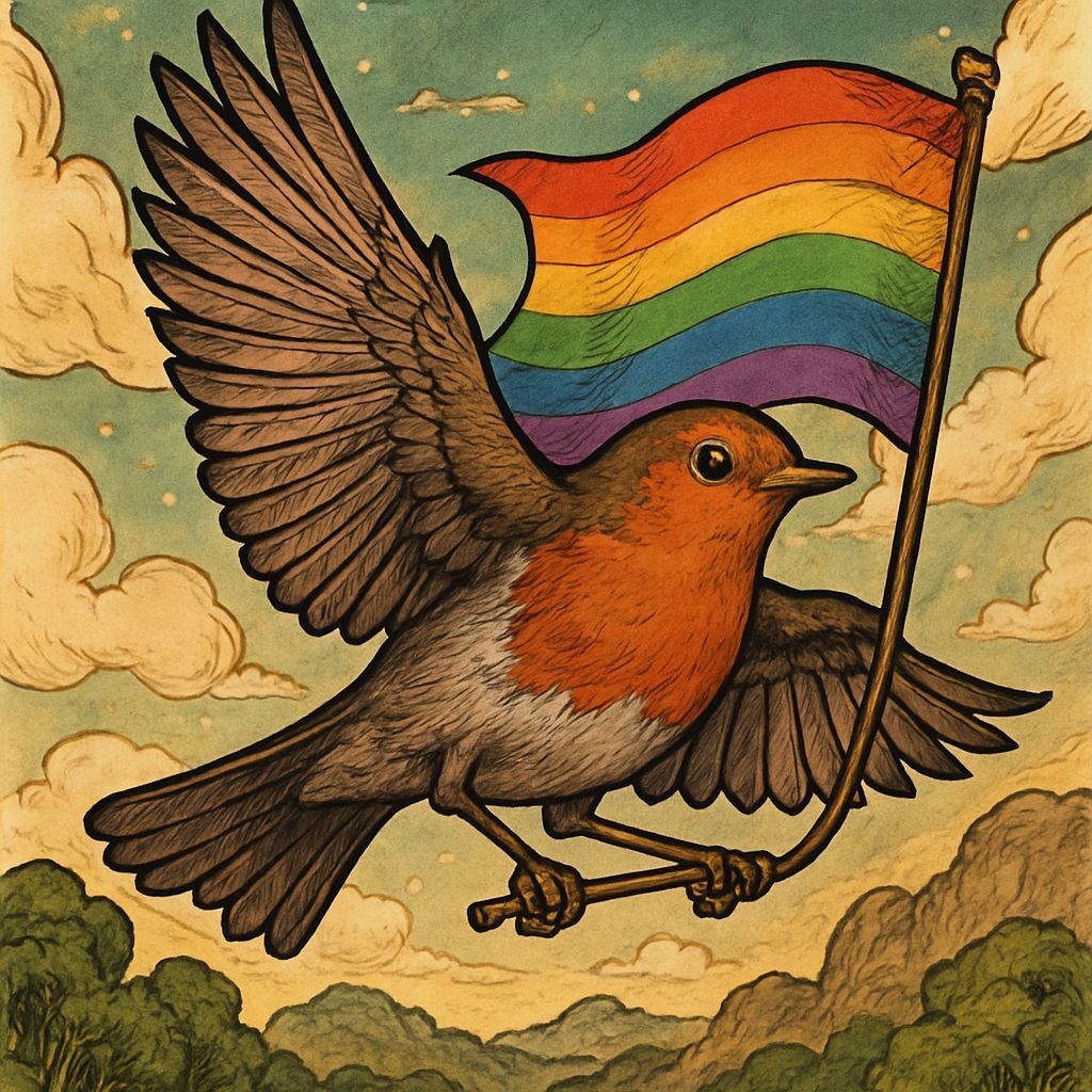 Proud Robin Flying with Pride Flag: Comic Illustration