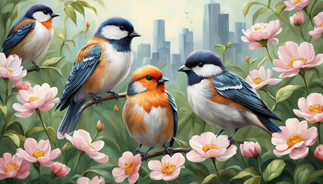 Birds Perched Among Flowers: A Digital Painting