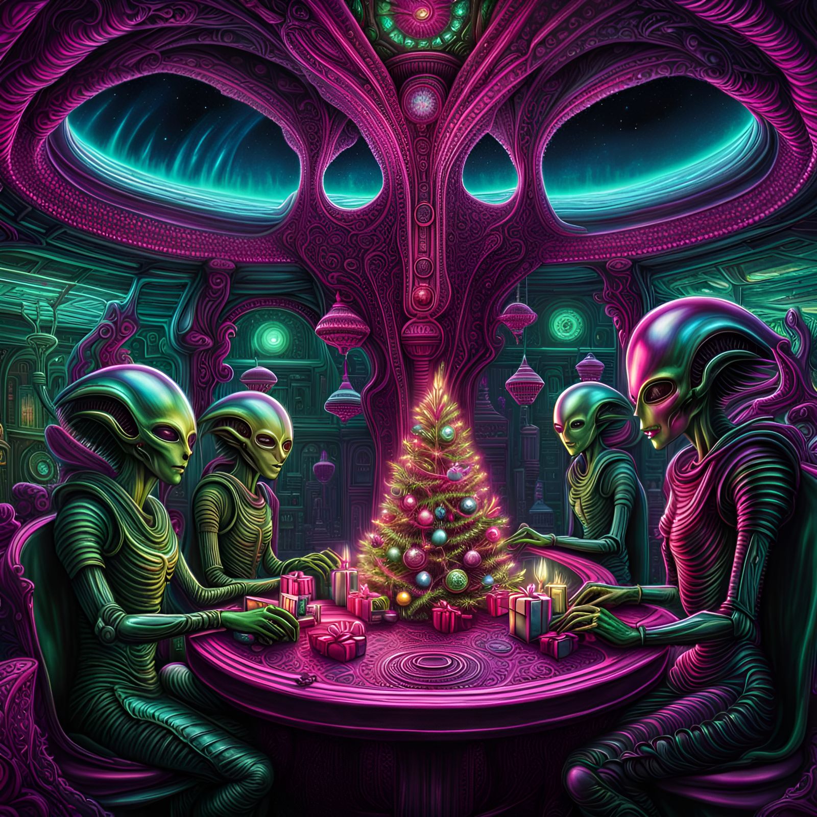 Aliens Christmas Shopping: Hyperrealistic Sci-Fi Illustratio...