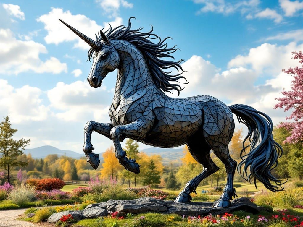 Metal Unicorn Statue in Vibrant Landscape