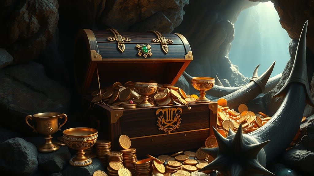 Pirate Treasure Chest in Sea Cave, Hyperrealistic Style