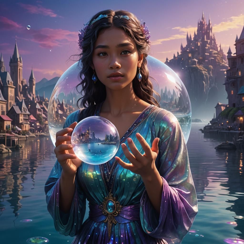 Mystical Mermaid Holding Submerged City in Water Bubble