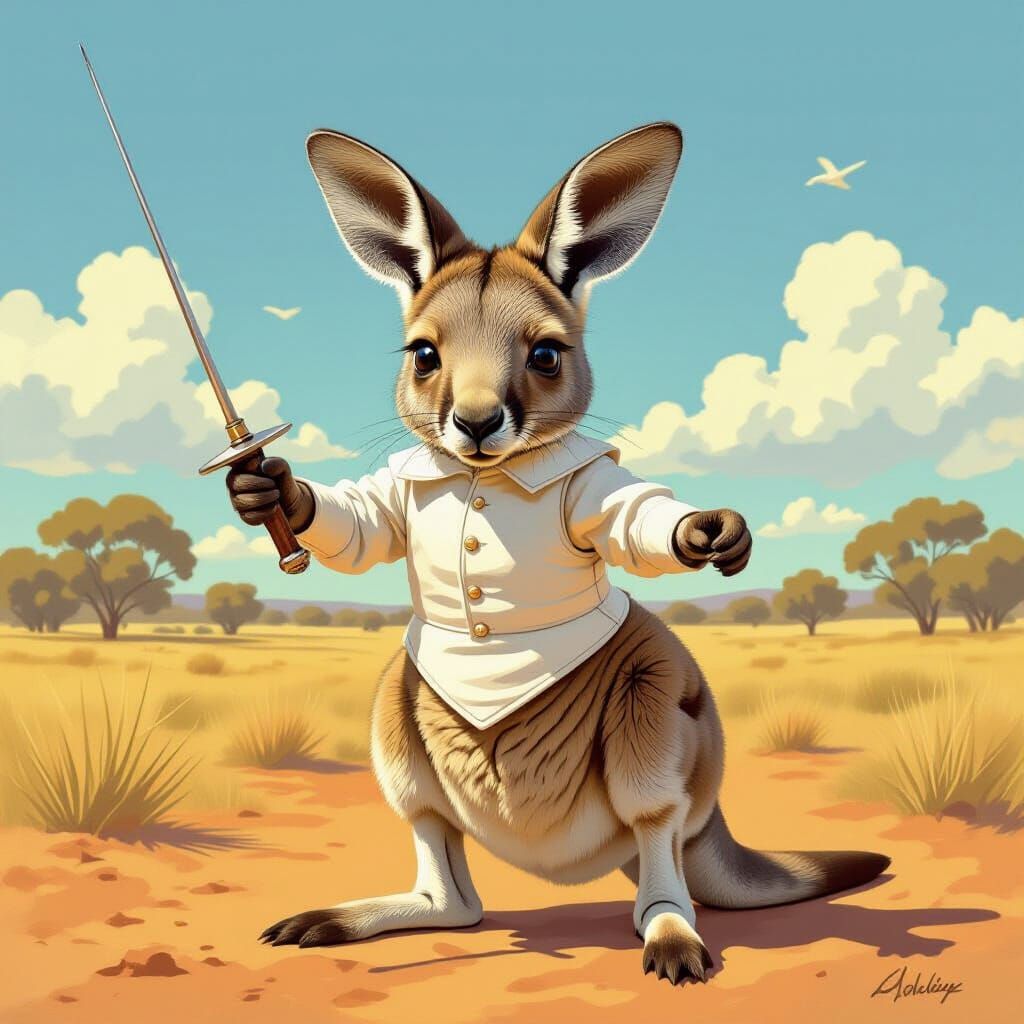 Kangaroo Fencer in Australian Outback Illustration