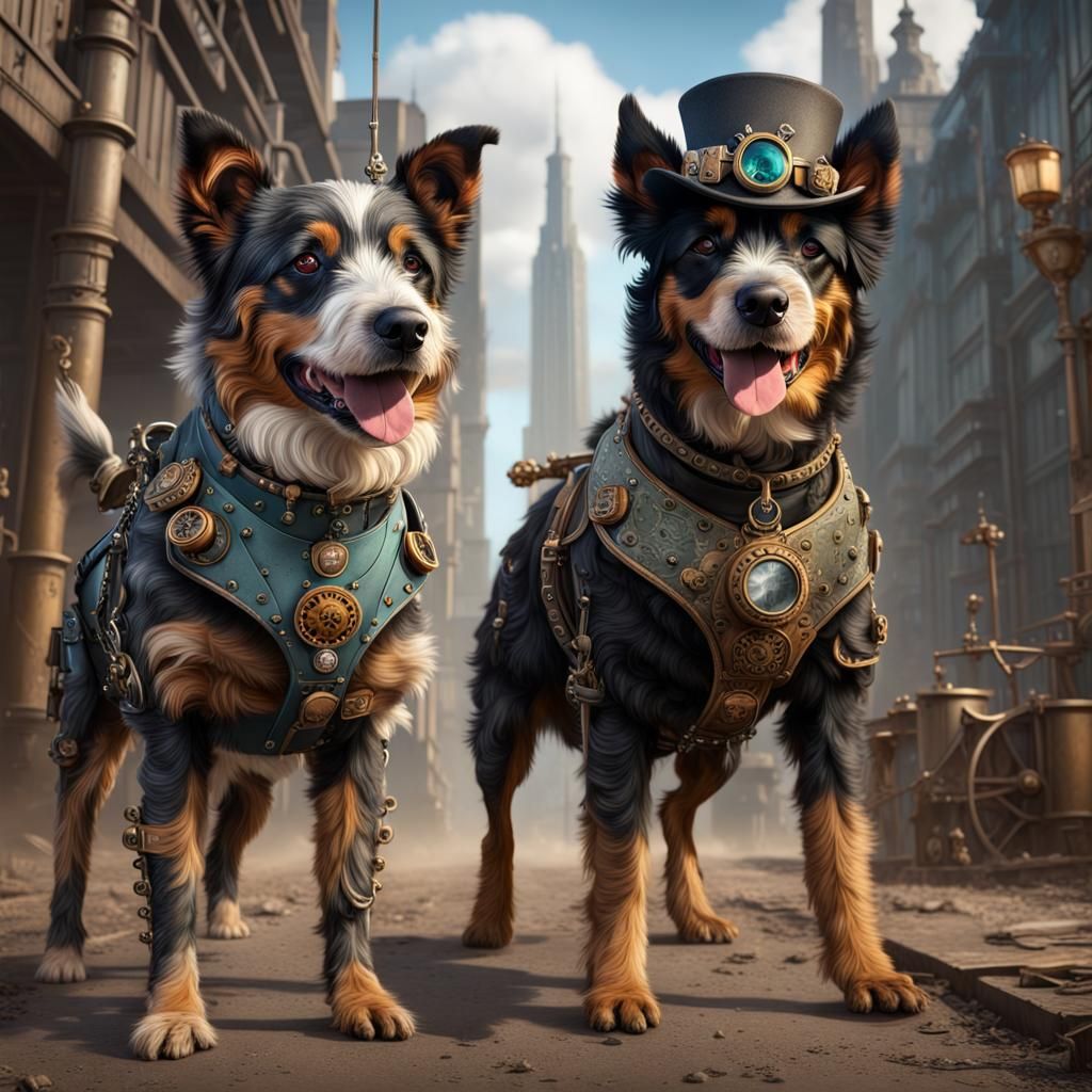 Steampunk Cattle Dog and Bernedoodle: Detailed Art