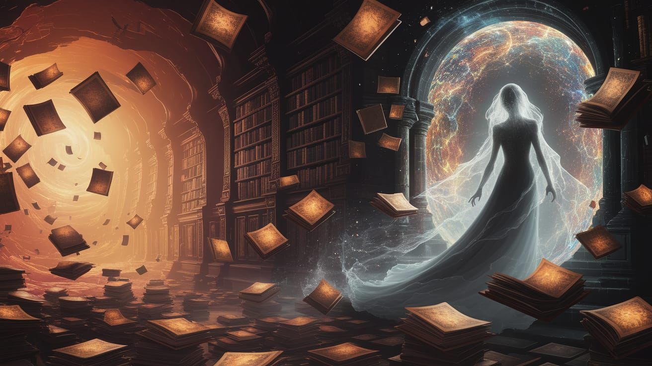 Floating Books in Ancient Library with Spectral Figure