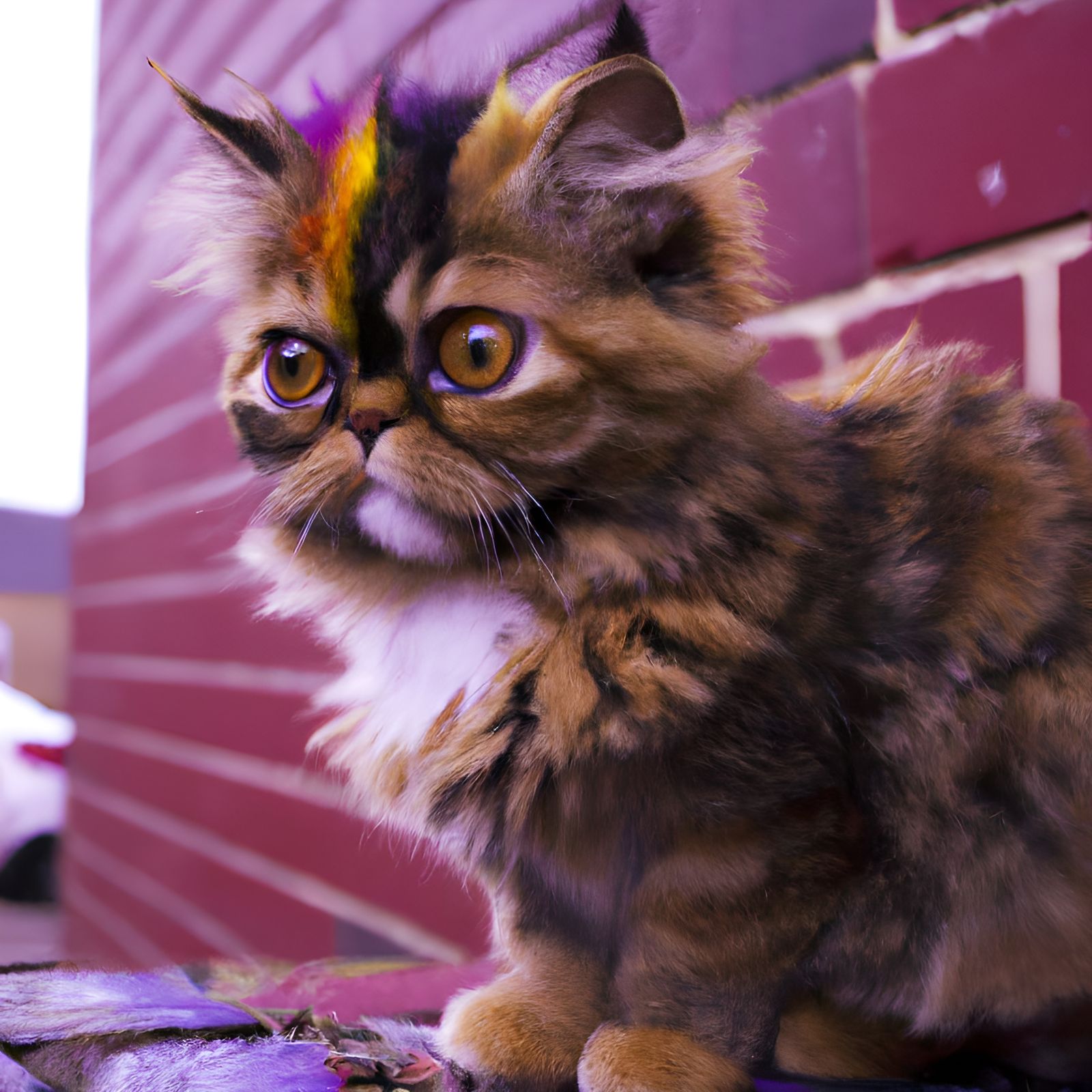 Cute Kitten with Multicolored Hairstyle in Street Art Alley
