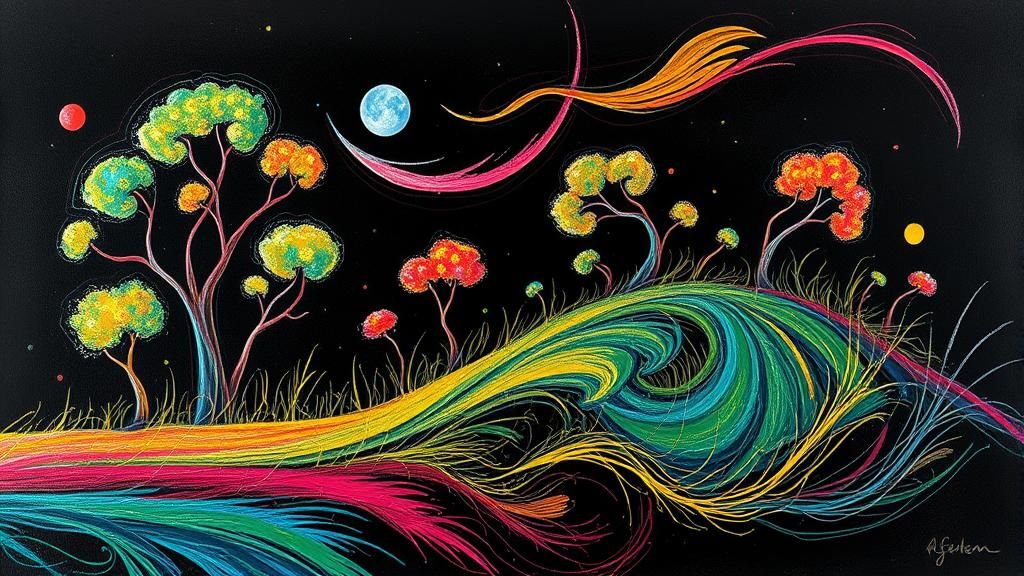 Whimsical Windy Landscape in Expressive Art Style