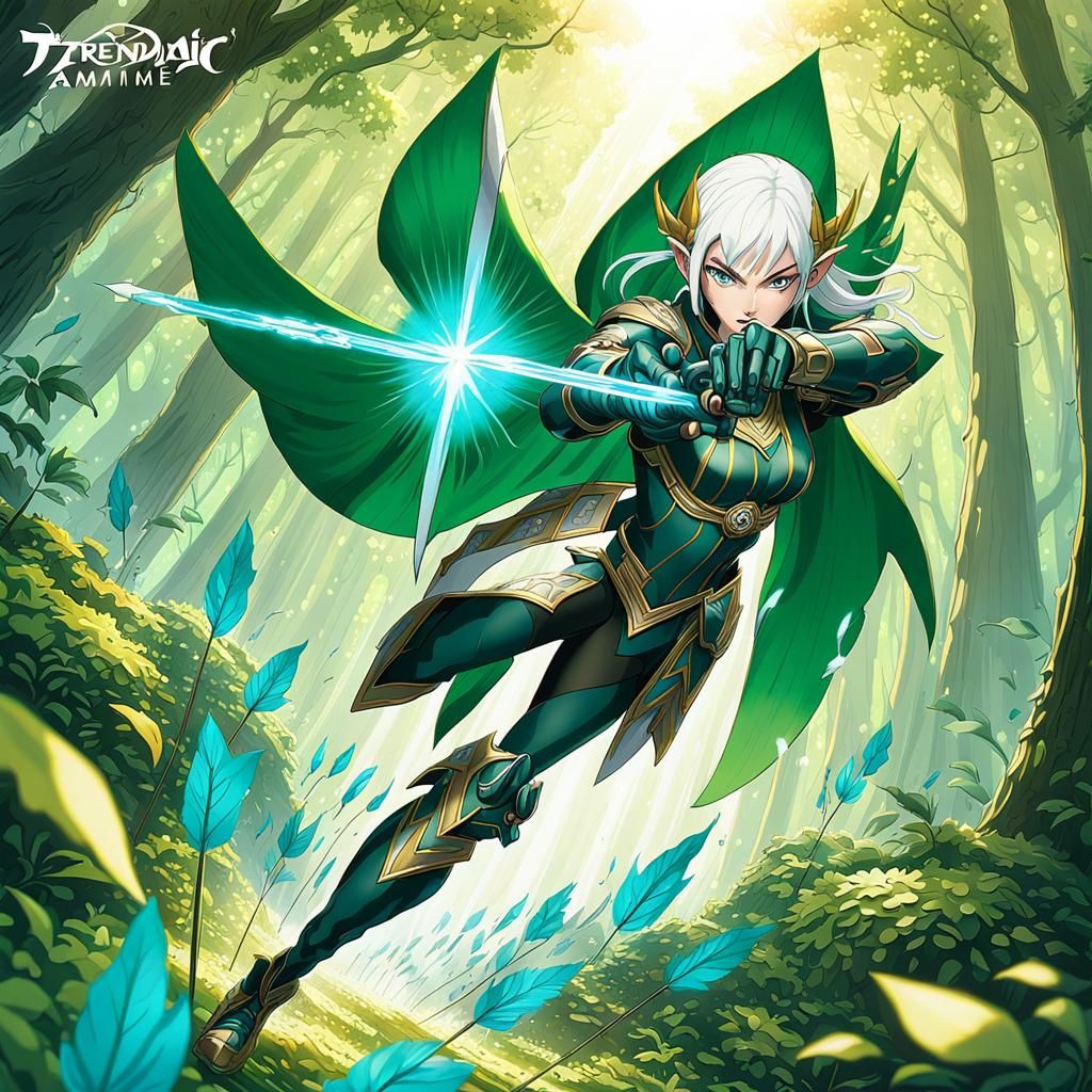 Anime Archer in Fantasy Forest, Detailed Illustration