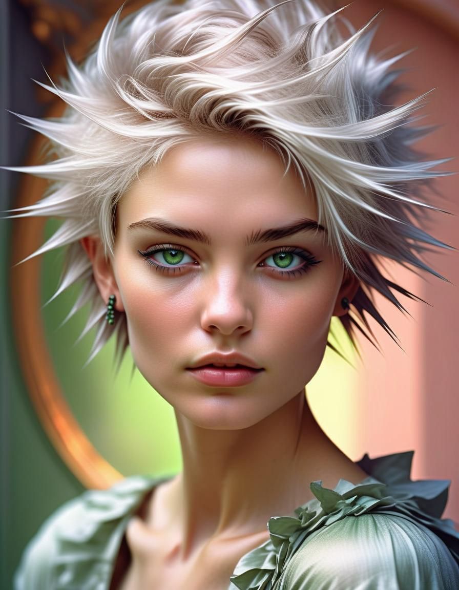 Intense Portrait with Spiky Hair, Art Nouveau Style