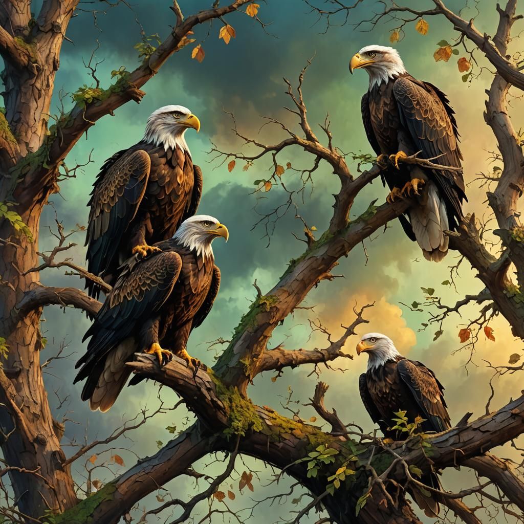 Eagles on Decaying Tree in Oil Painting Style