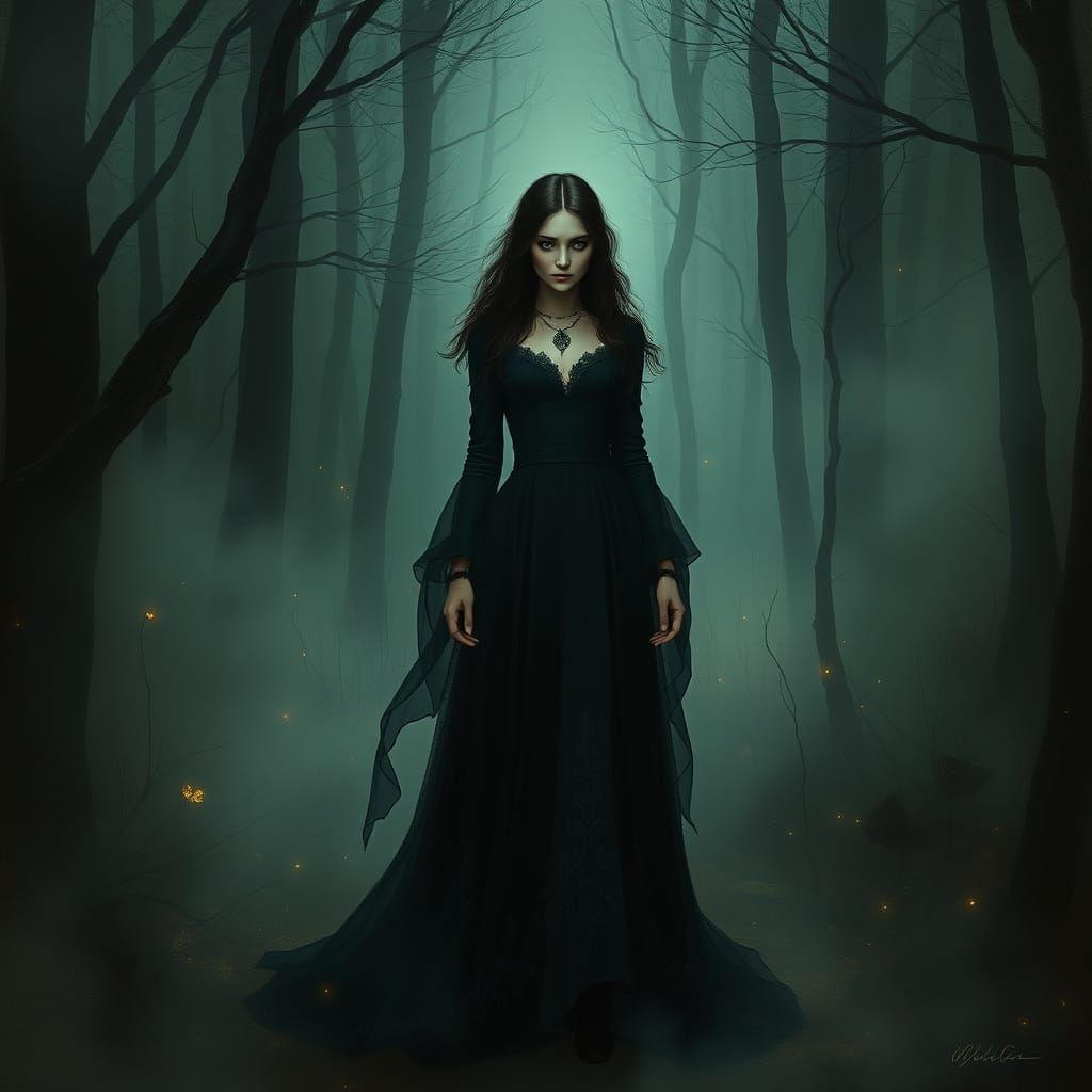 Mysterious Woman in Mystical Forest, Digital Painting