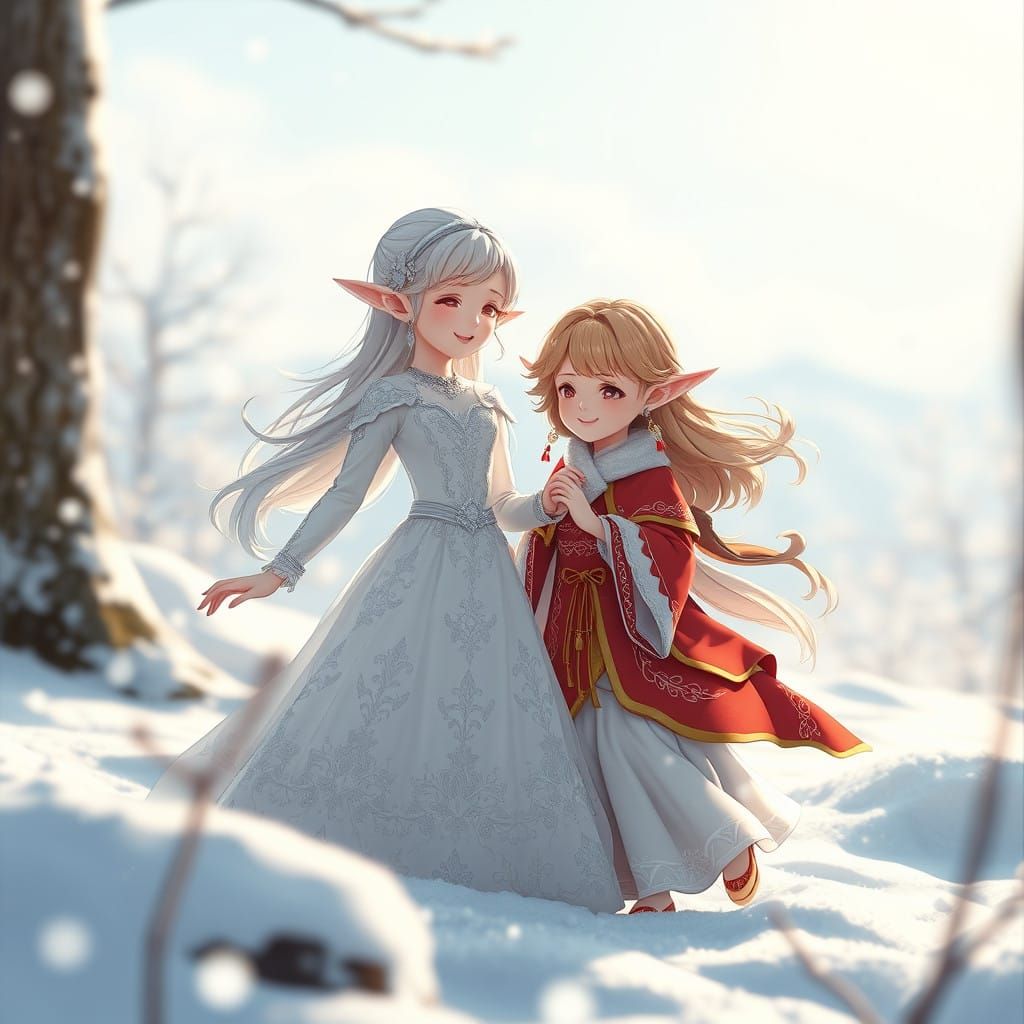 Elven Friends Play in a Snowy Wonderland