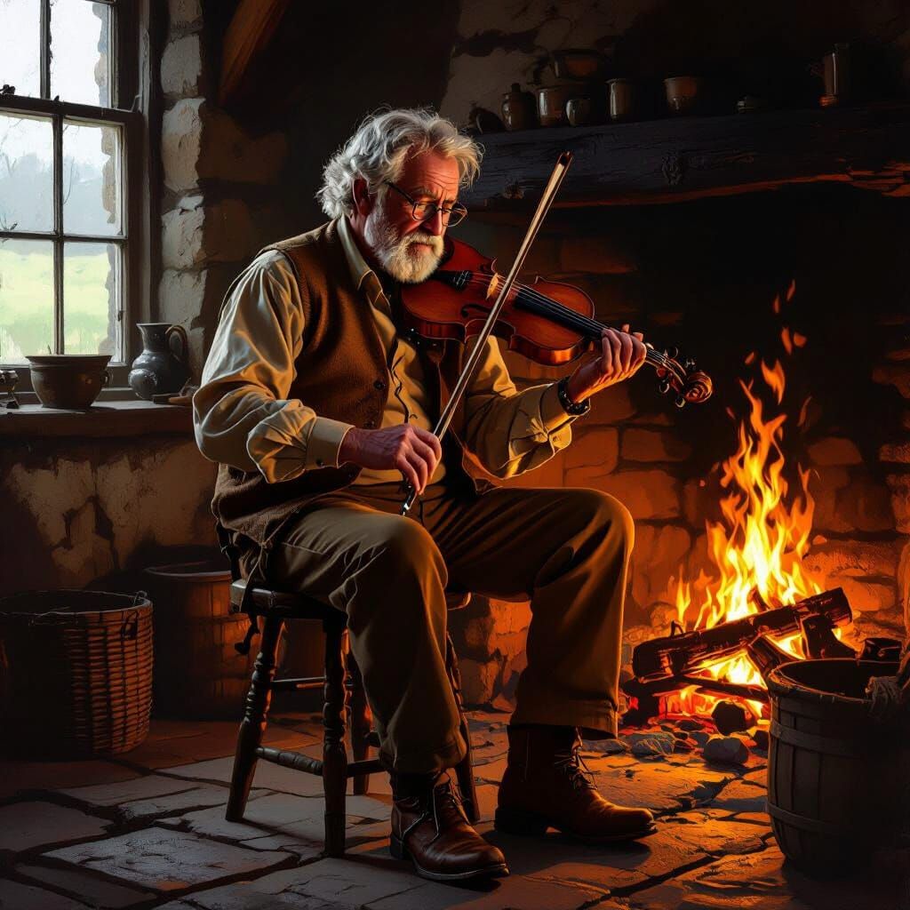 Irish Fiddle Player in Warm Firelight