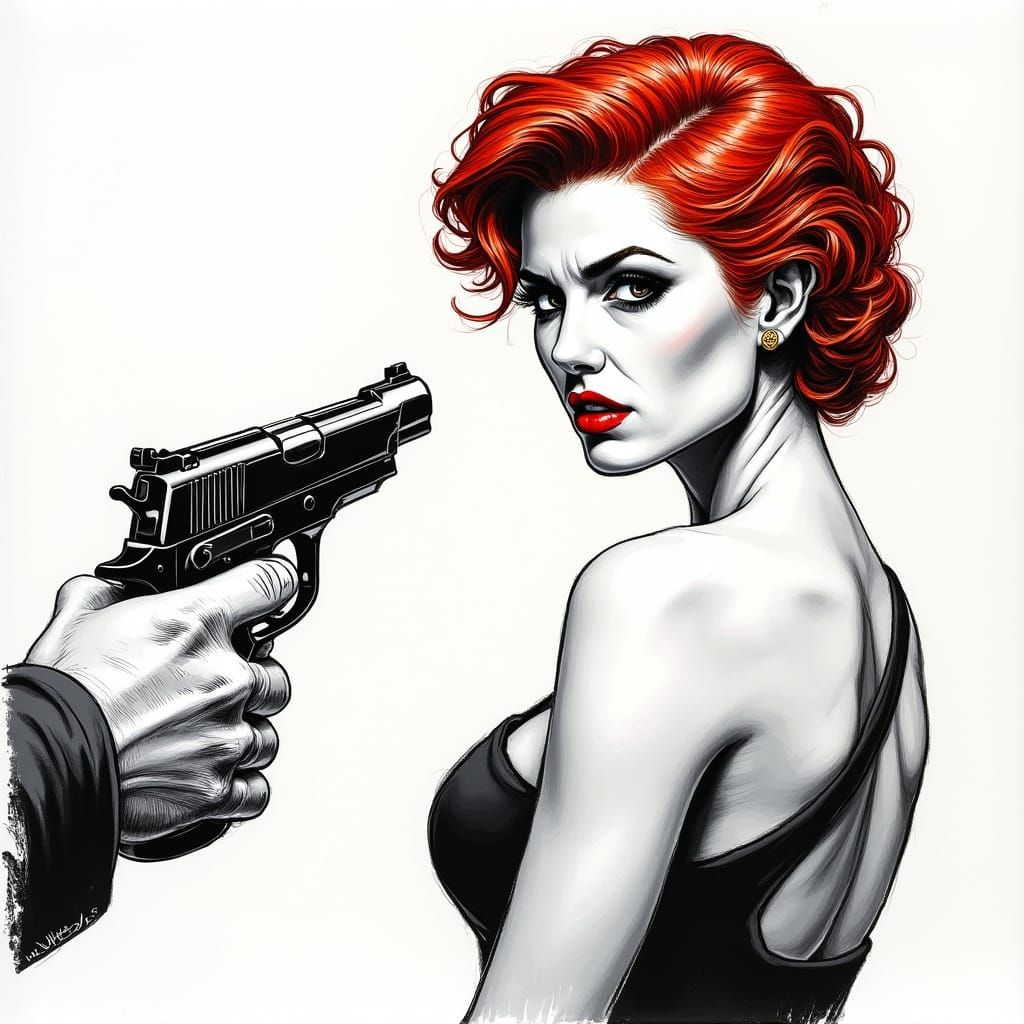 Dramatic Noir: Red-Haired Woman in Pencil Sketch
