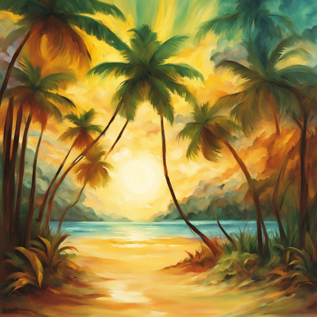 Tropical Beach Landscape in Impressionist Style