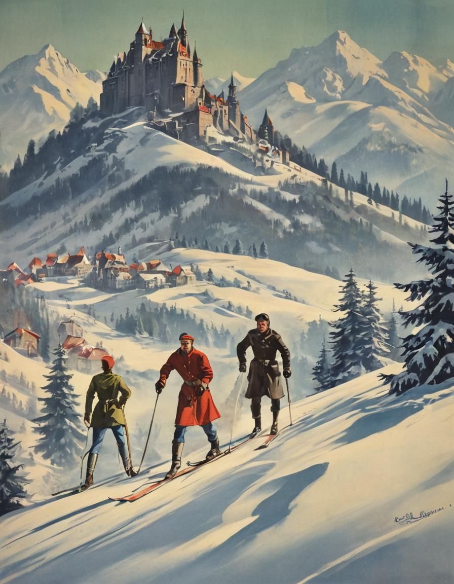 Transylvania Travel Poster: Skiing the Carpathian Mountains