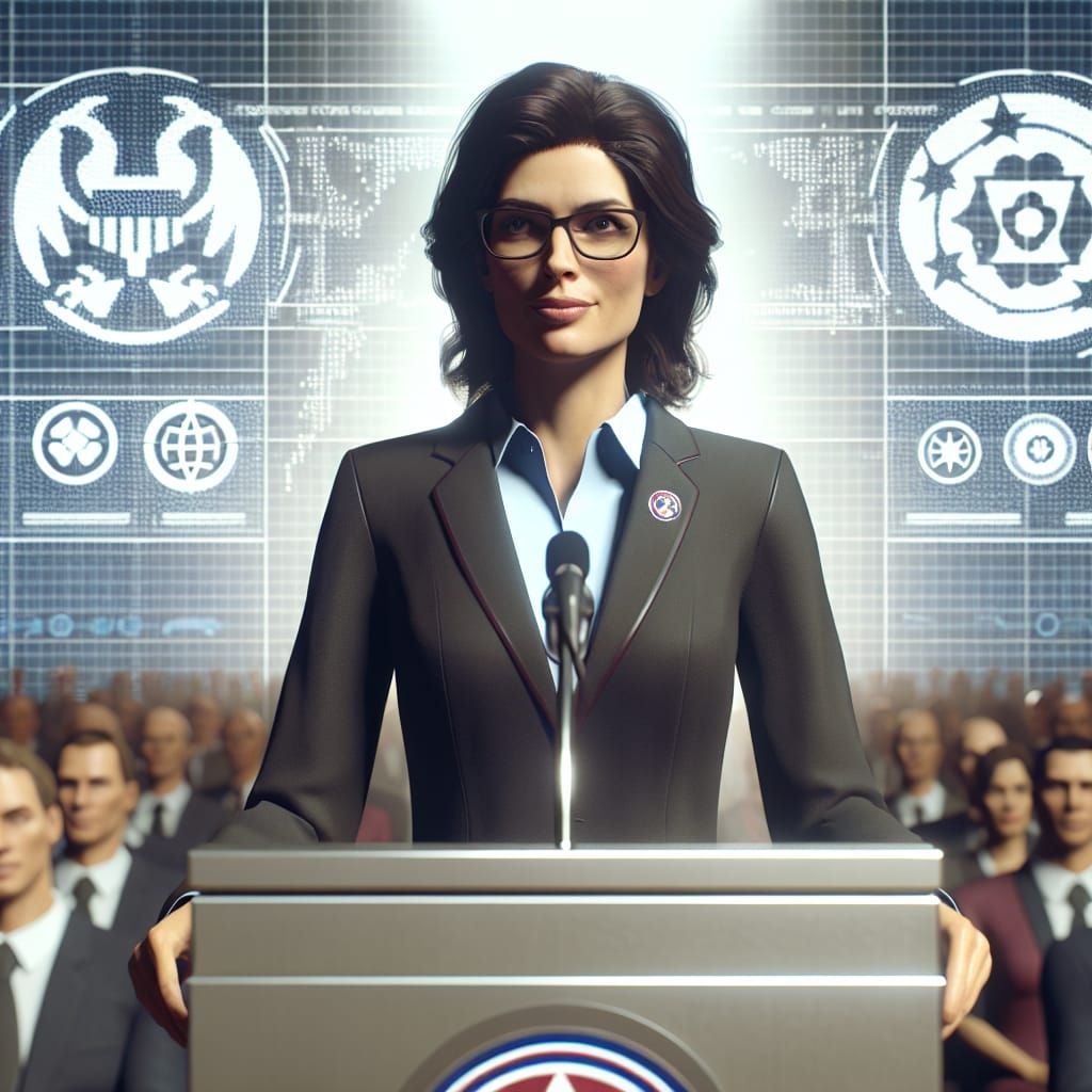 Politician Giving Speech at Podium in Conference Hall