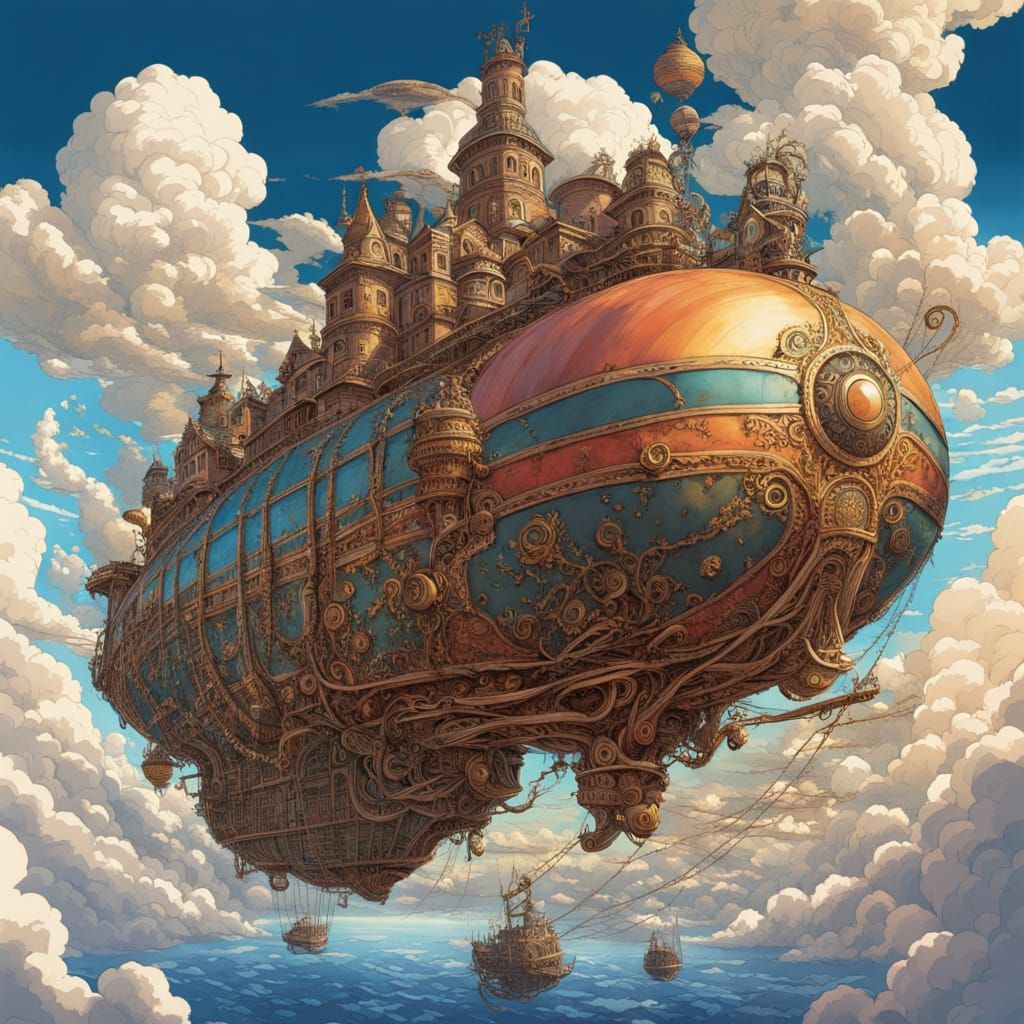 Steampunk Airship Soaring Through Fantasy Cityscape