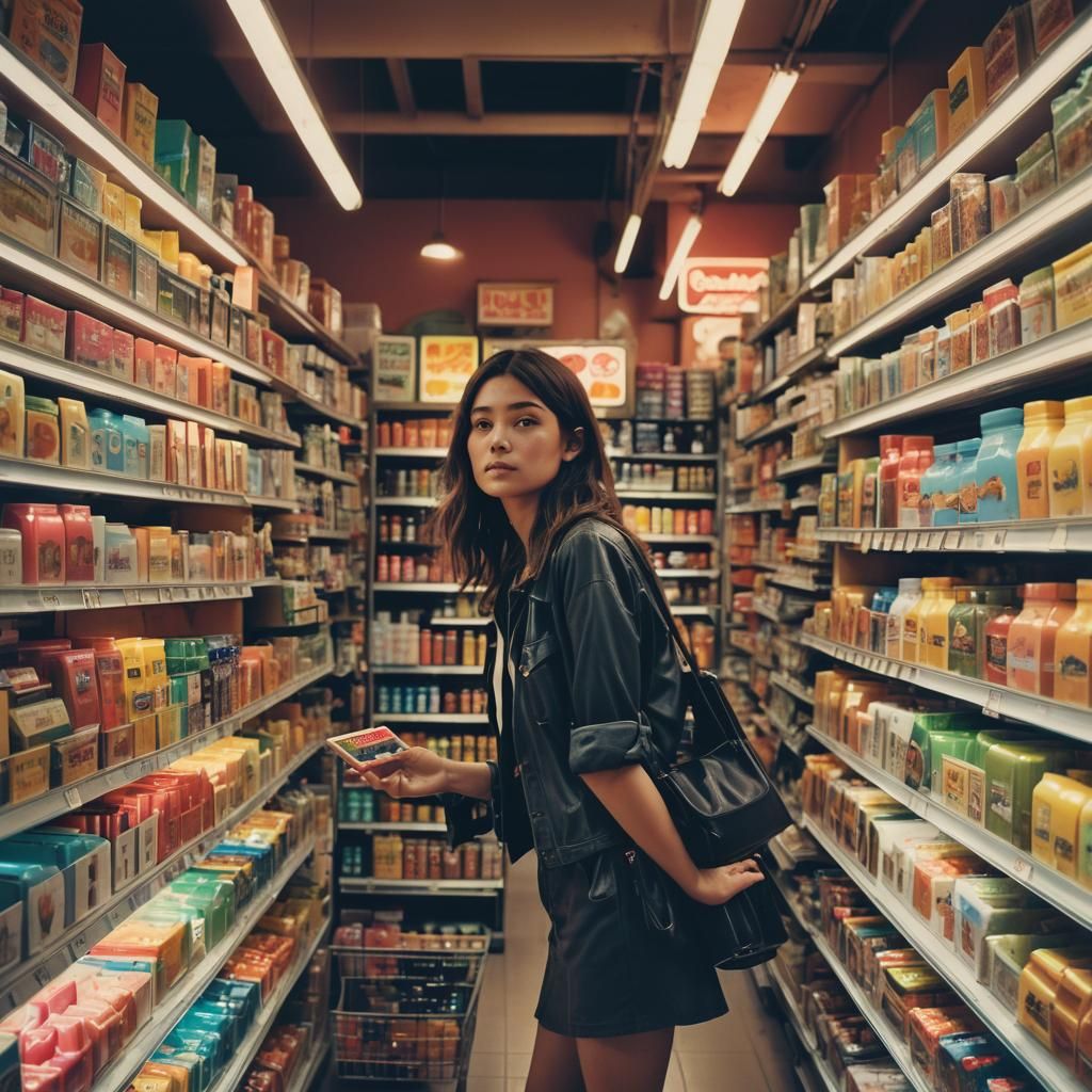 Woman Browsing Futuristic Grocery Store: Polaroid Style