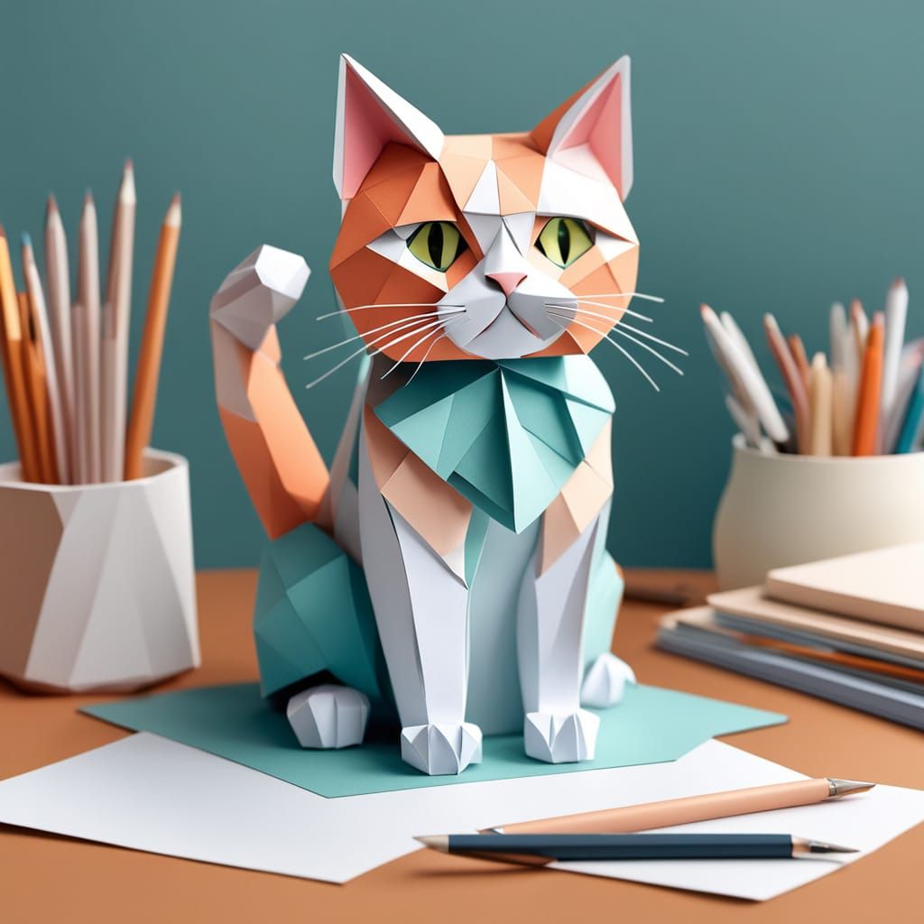 Whimsical Calico Cat Amidst Paper Craft Delights