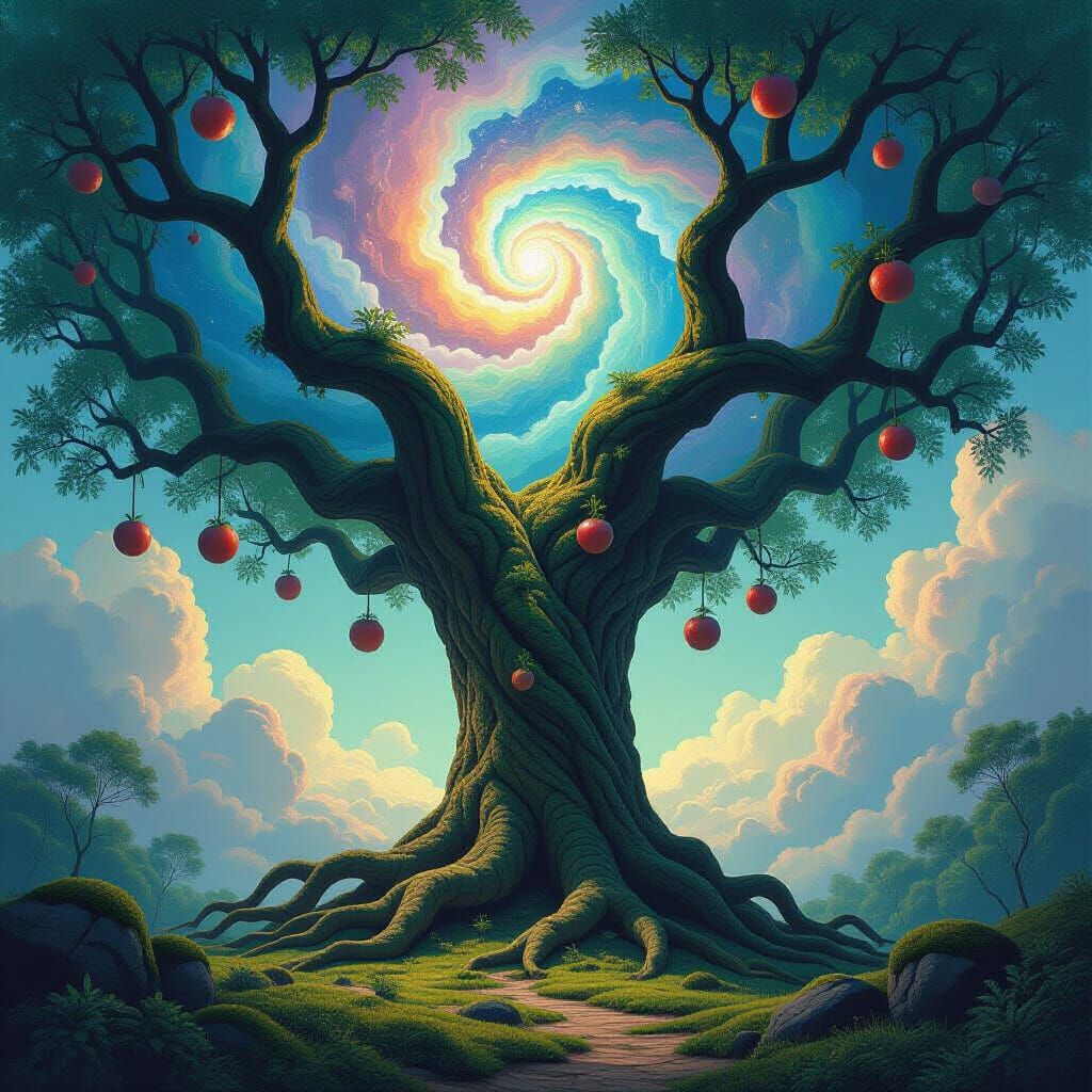 Ancient Surreal Tree with Dreamlike Roots and Nebula Sky