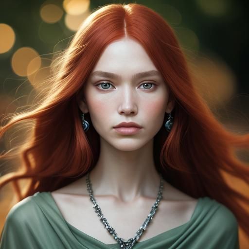 Elegant Red-Haired Woman in Green Forest Couture