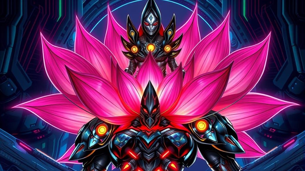 Cyberpunk Lotus Flower Queen with Metallic Armor and Neon Ac...