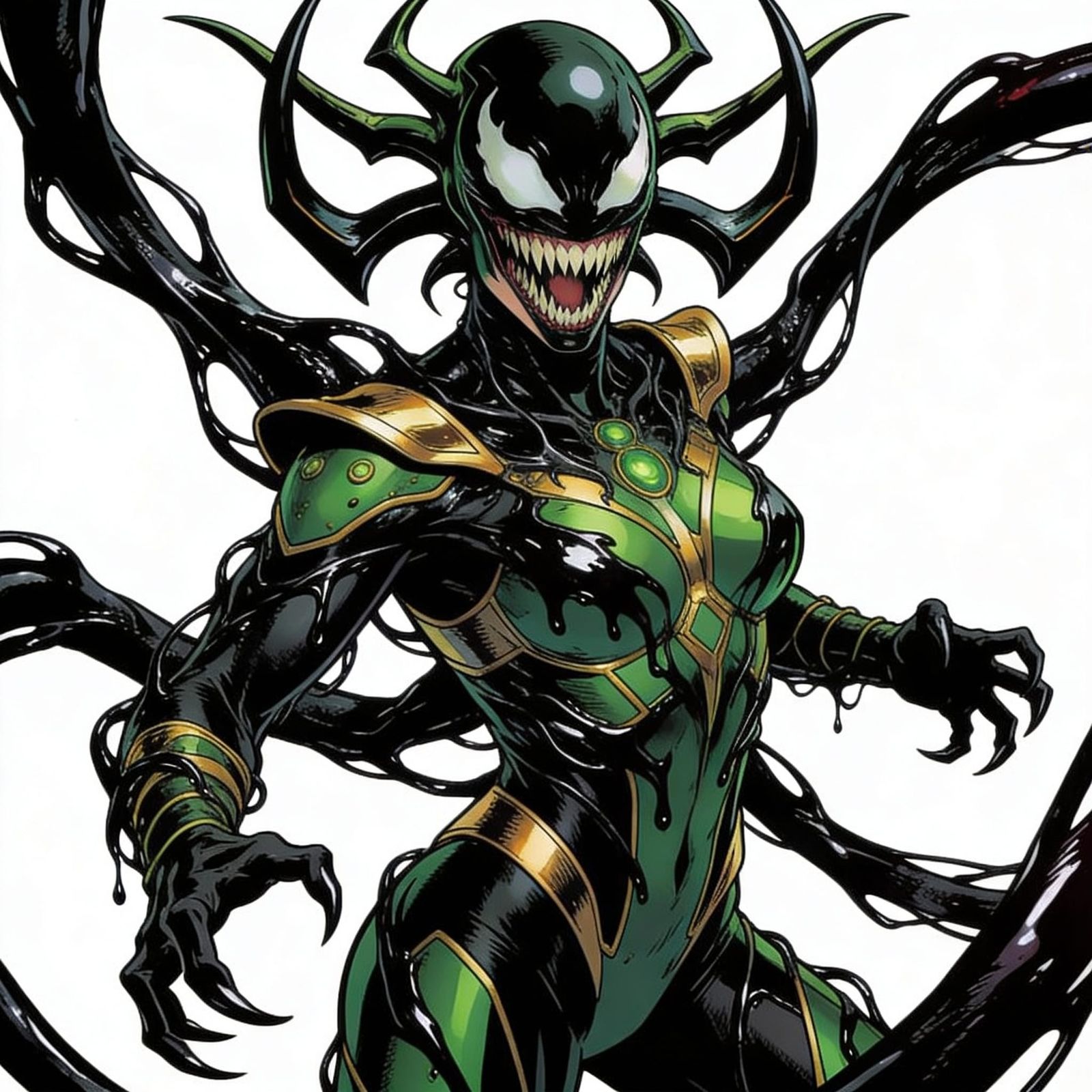 Hela and Venom Symbiote Fusion in Comic Art Style