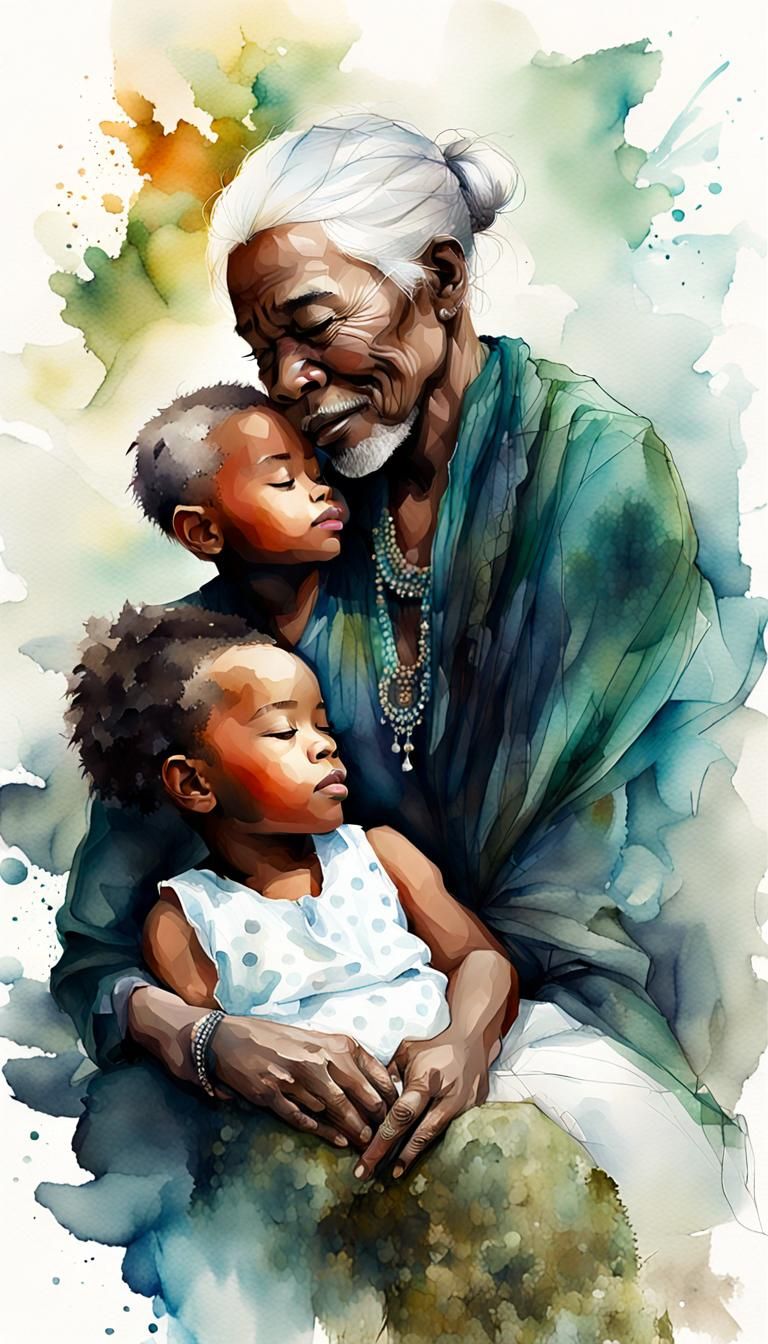 Vintage Watercolor of Interracial Family Scene