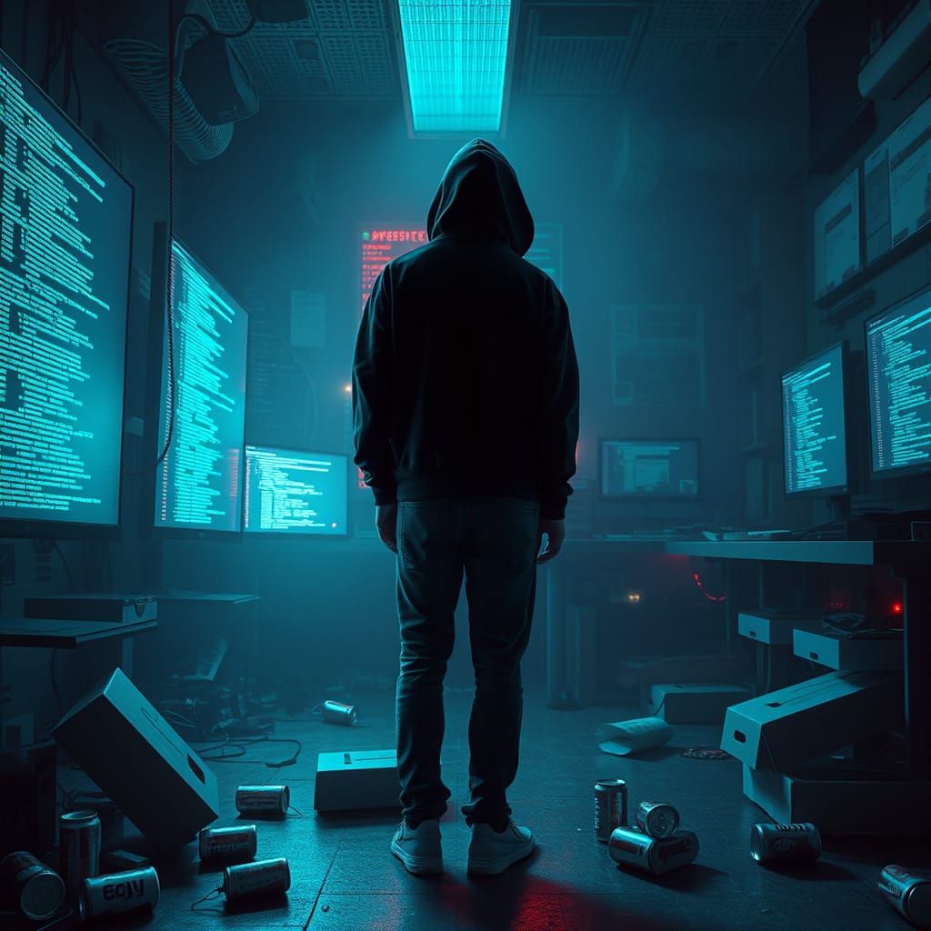 Hacker in Neon-Lit Cyberpunk Room