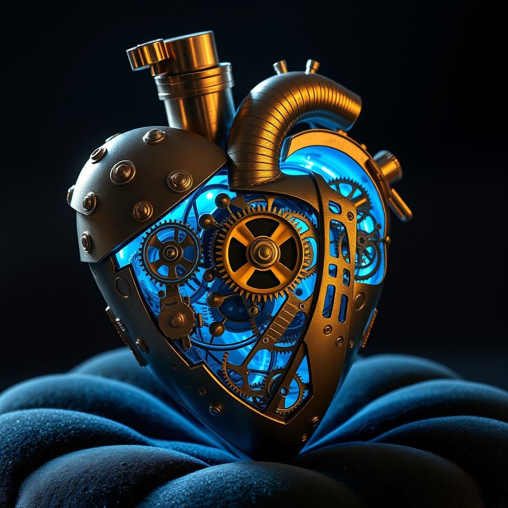 Intricate Mechanical Heart Glowing Blue: Steampunk Concept A...