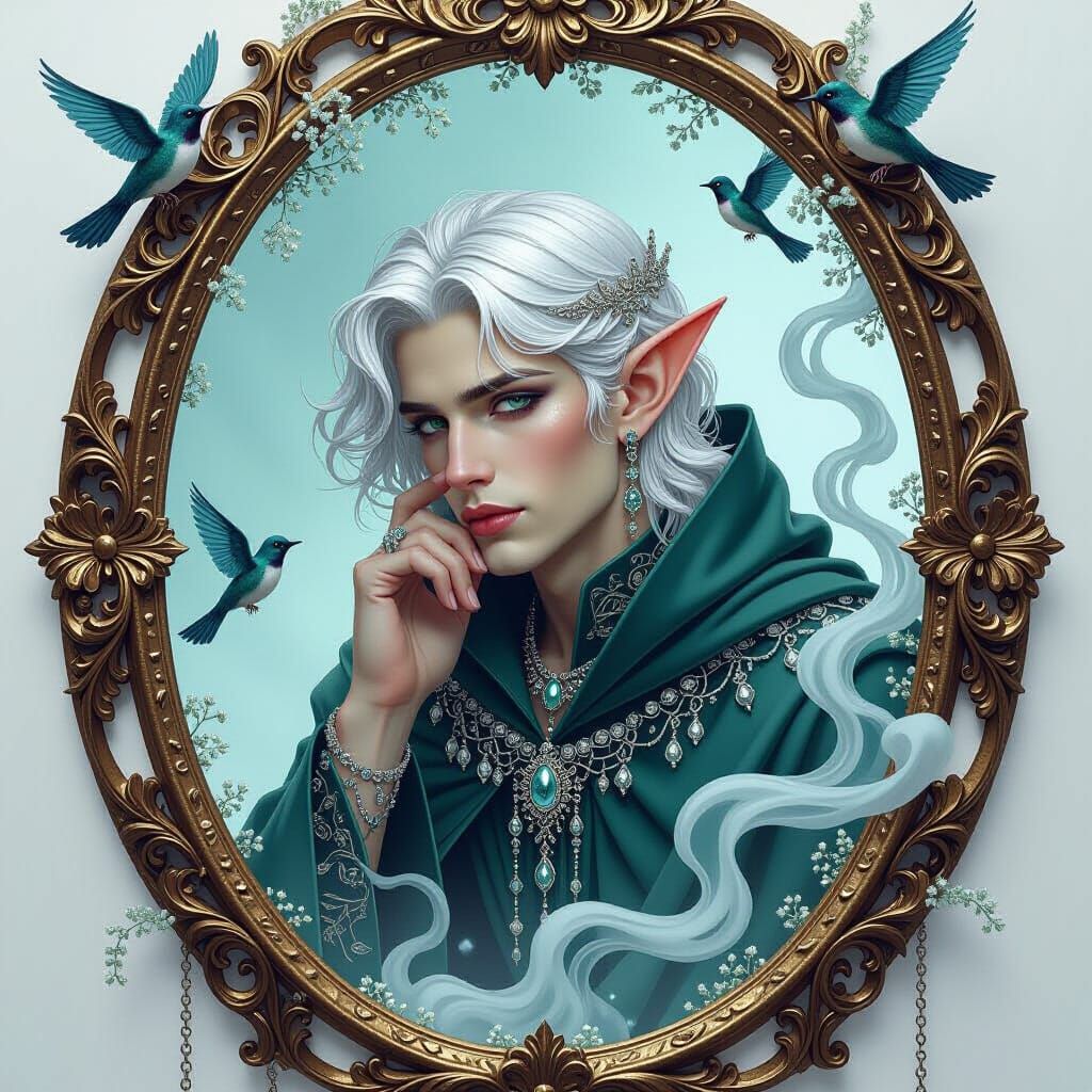 Elf-Man in Cracked Mirror with Filigree Frame