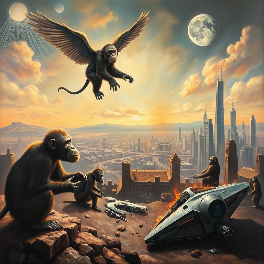 Chimpanzee Sci-Fi Battle: Whimsical Surrealist Painting