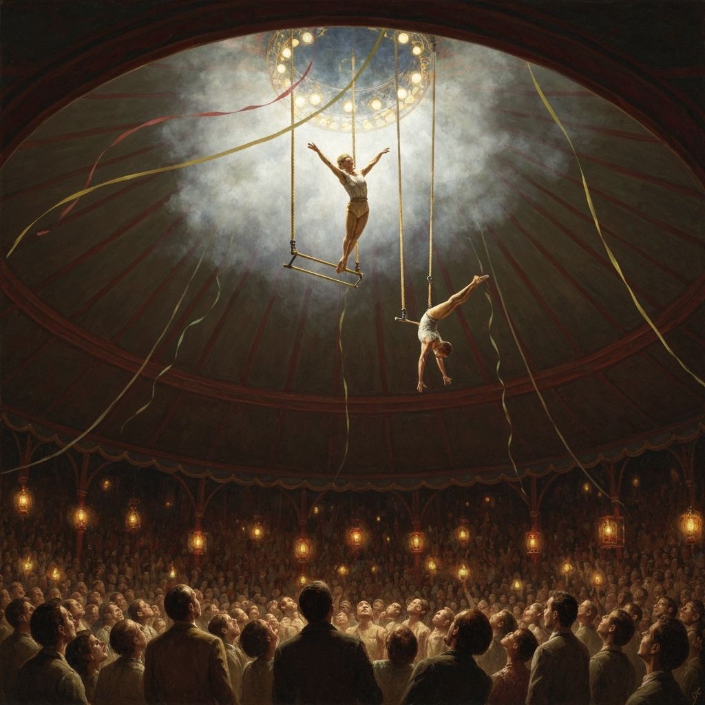 Trapeze Artists Soar in Dramatic Oil Painting