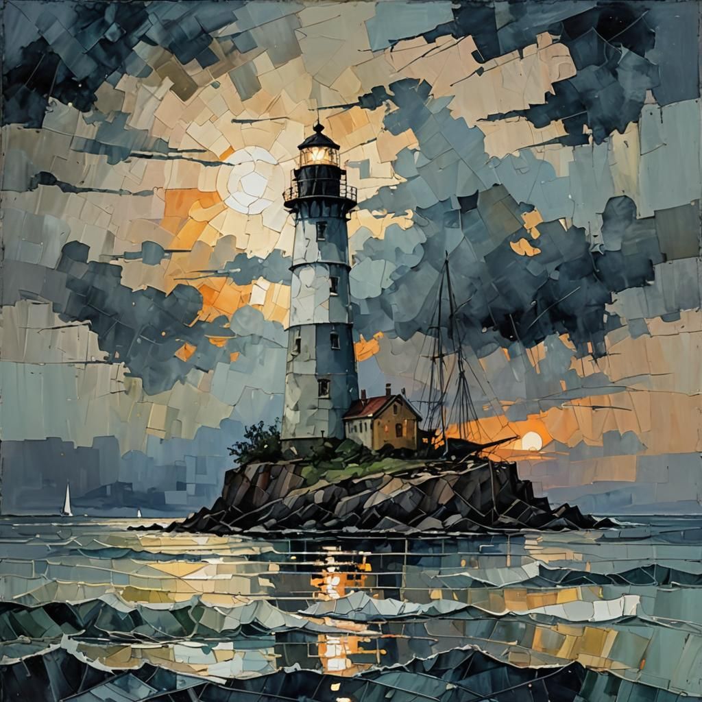 Lighthouse in Stormy Night, Impasto Oil Painting