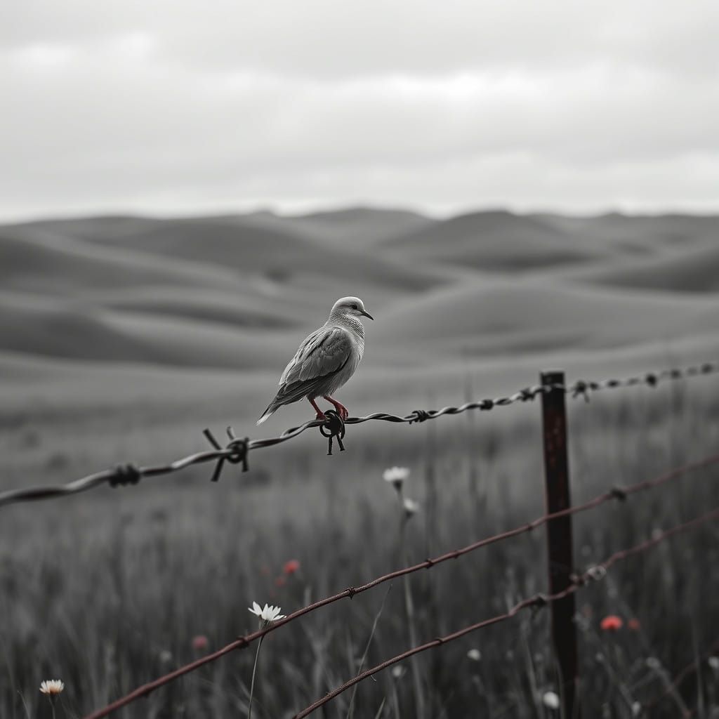 Muted Grey Dove Amidst Barbed Wire and Wildflowers