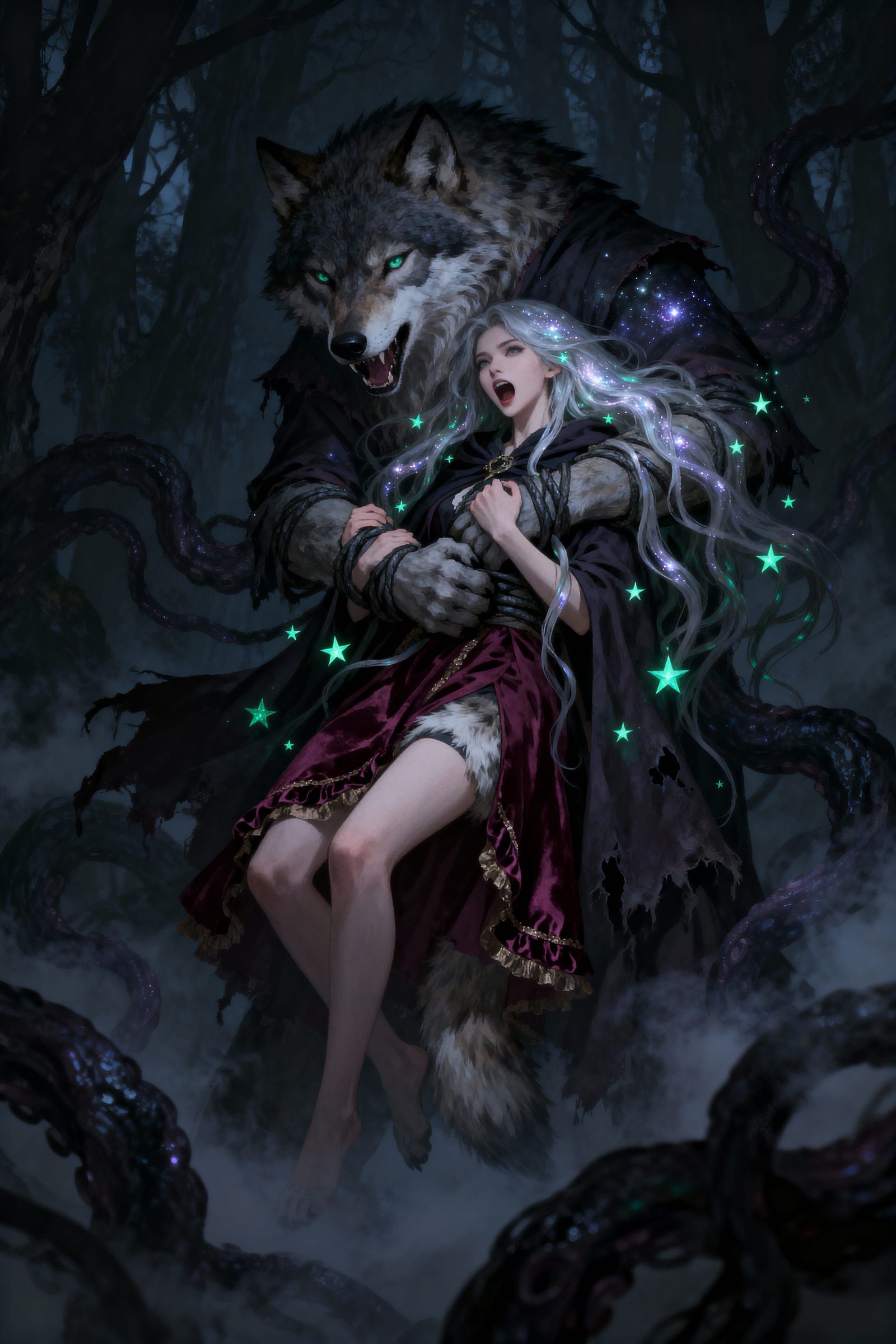 Anthropomorphic Wolf Bound by Tentacles in Dark Fantasy Fore...