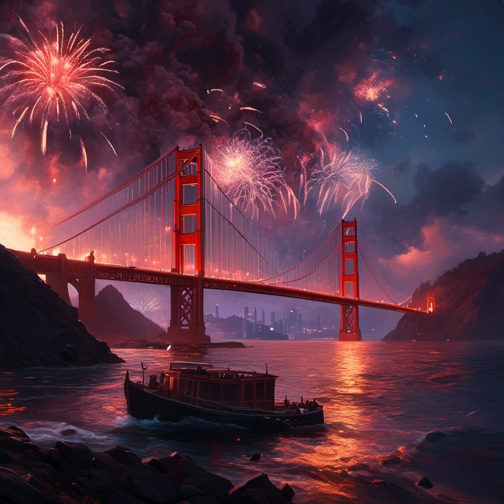 Golden Gate Bridge Fireworks: Detailed Digital Art