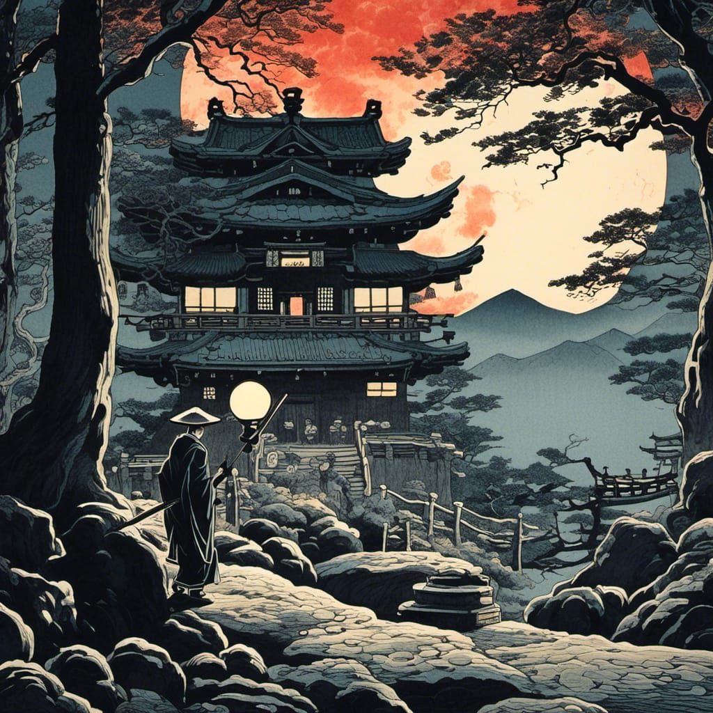 Sinister Ukiyo-e Figure in Moonlit Japanese Landscape