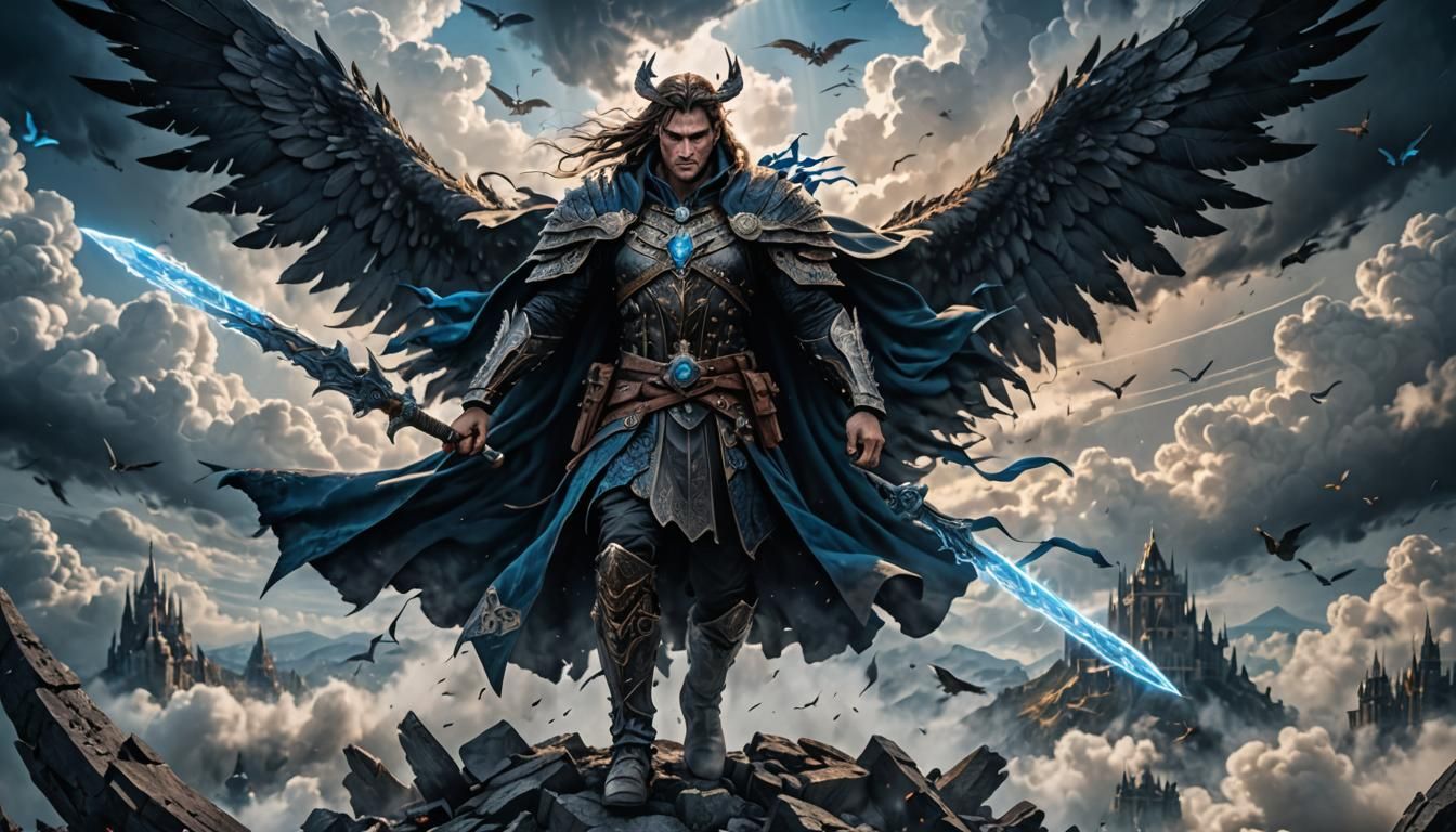 Dark Winged Warrior with Vivid Eyes in Clouds